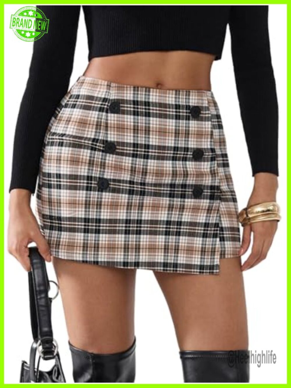 Plaid Bodycon Mini Skirt High Elastic Waist Stretch Tweed Double Button